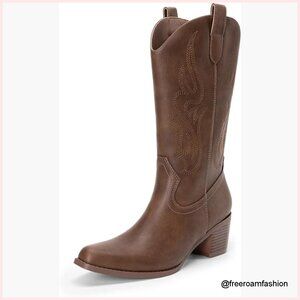 Women's Square Toe Cowboy Boots Mid Calf Western Pull On Block Heel